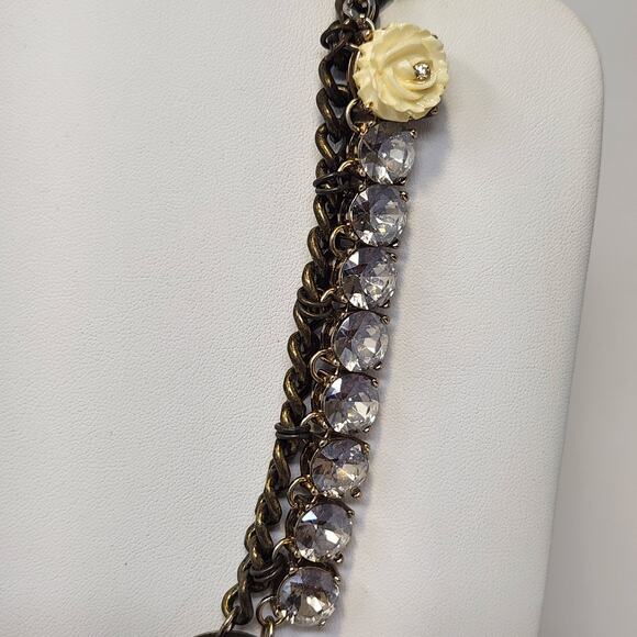 LOFT Flower Rhinestone Multi Tone Statement Chain Necklace Adjustable Chunky - Picture 2 of 8